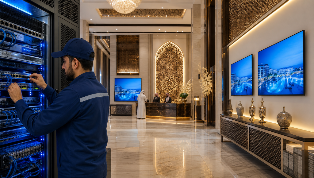 تركيب IPTV للفنادق في السعودية - نظام تلفزيون ذكي تفاعلي في لوبي فندق فاخر